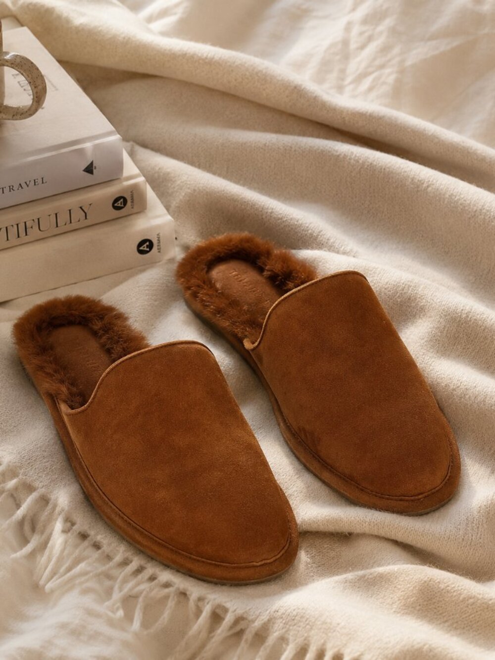 Tamara Mellon In/Out Cognac Kidsuede Fur Lined Slippers EU 39 US 8.5-9